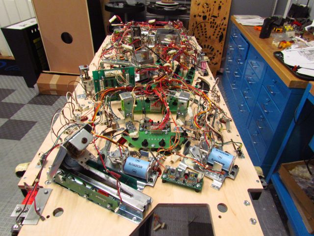 103
The playfield wiring  continues to evolve.This  has been a bit tougher than the  normal MB  because the  wiring was  hacked