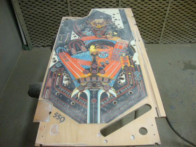 36
 Playfield is sanded to smooth in the cut out and  finish cleaning up the inserts from the stripping process.